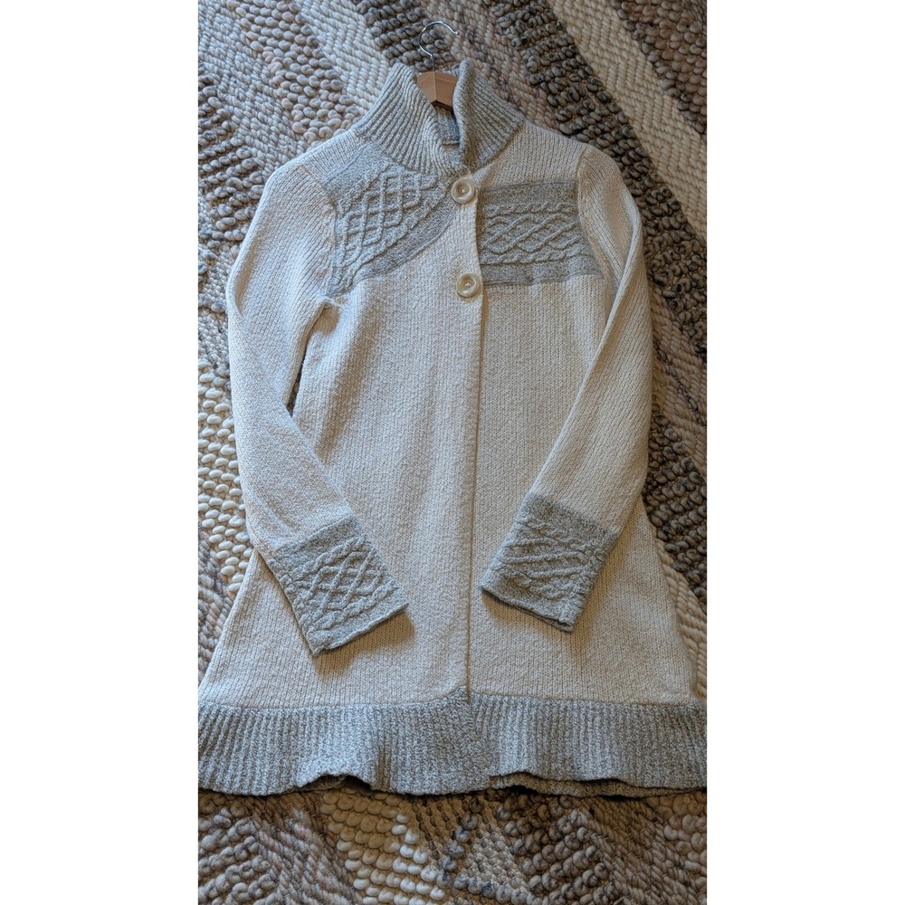 Prana Womens Cream Grey Cable Knit Button Long Cardigan Sweater S wool mohair - Picture 7 of 14